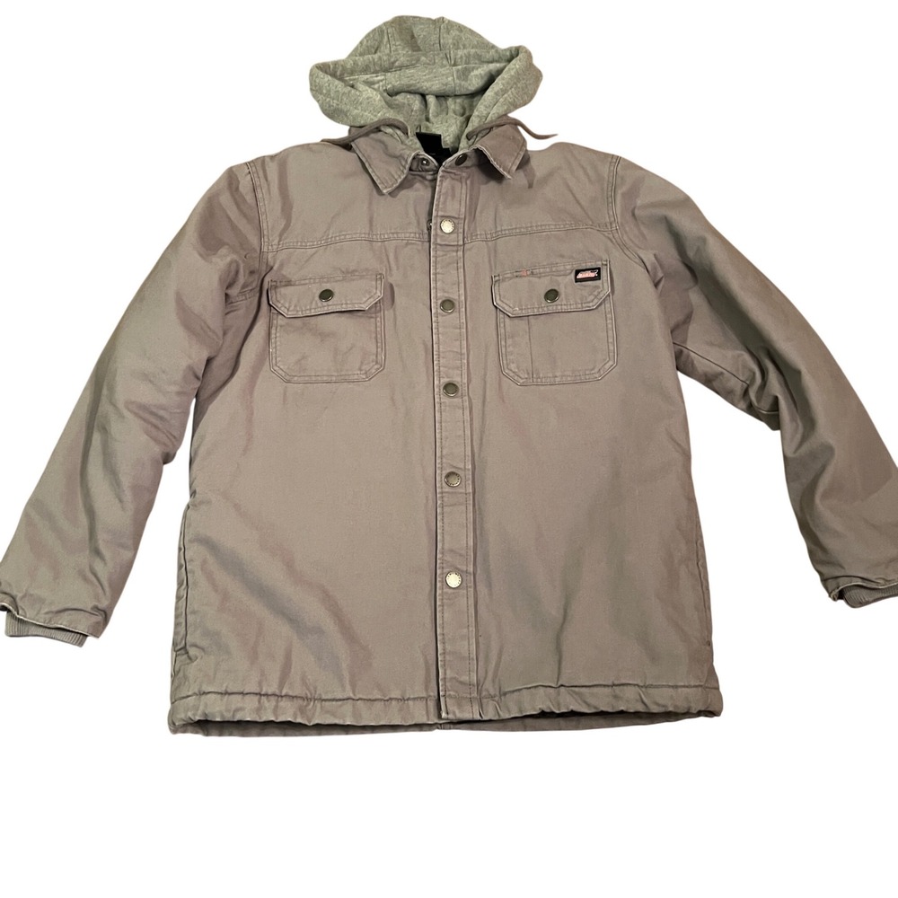 Genuine Dickies Mens Hooded Work Jacket Gray Quilted Lined Canvas Coat M